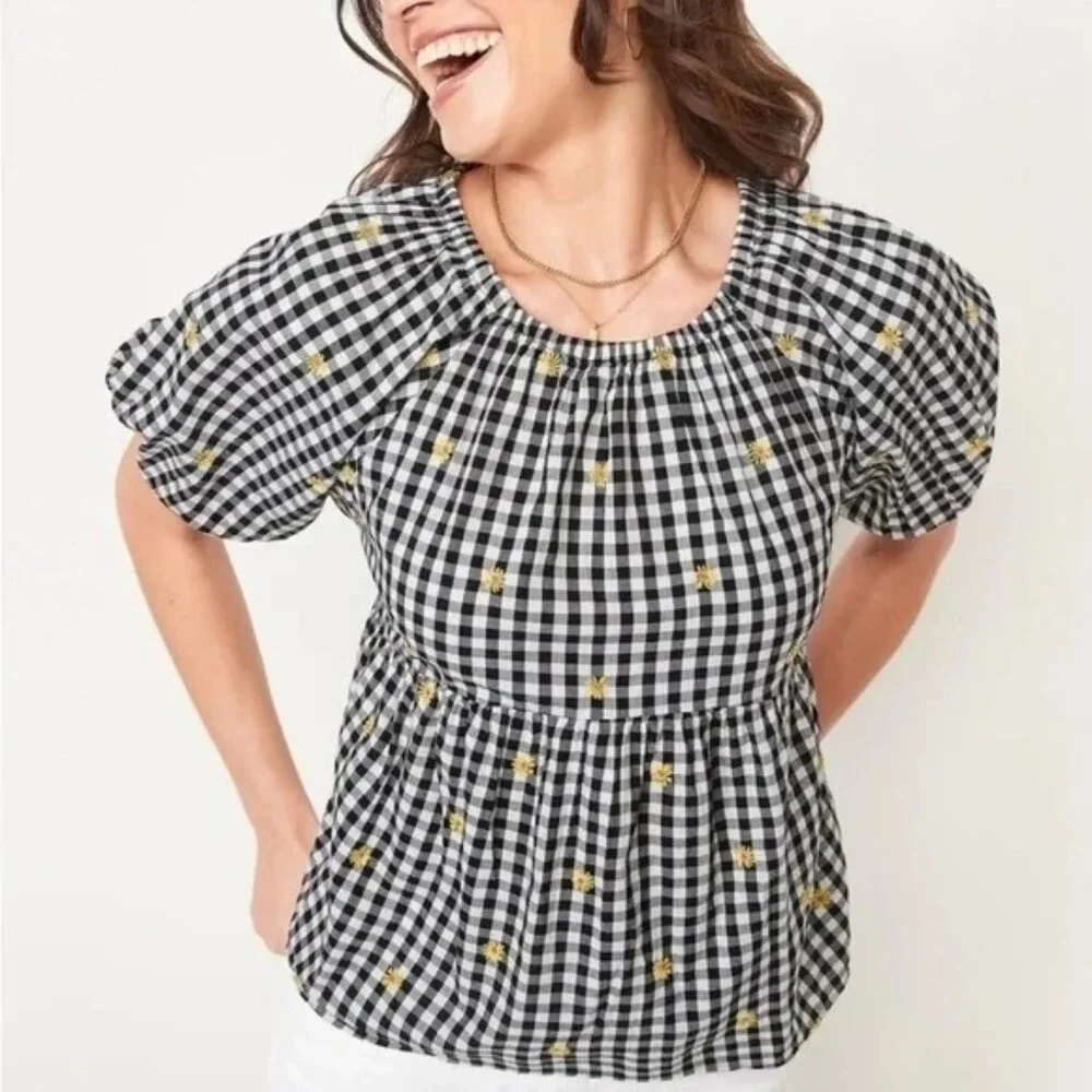 Old Navy PLUS XXL Gingham Floral Daisy Embroidered Puff Sleeve Babydoll Top